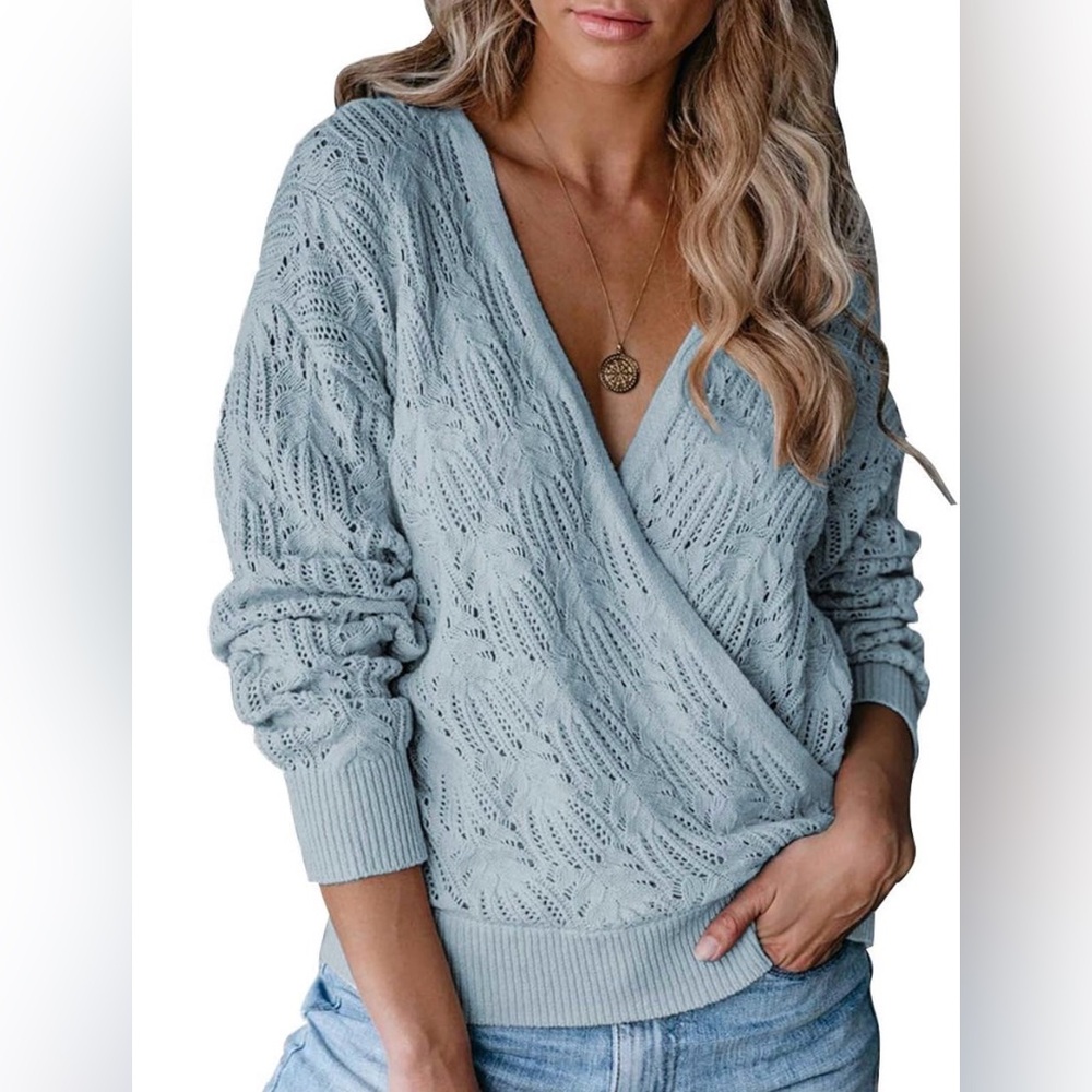 Elegant Soft Blue Faux Wrap Knit Pointelle Style Pullover Sweater